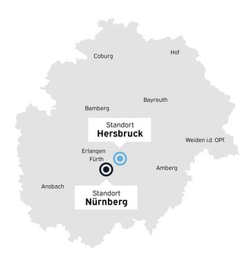 Standortkarte auf der die Steuerkanzlei auretax in Nürnberg und Hersbruck hervorgehoben ist